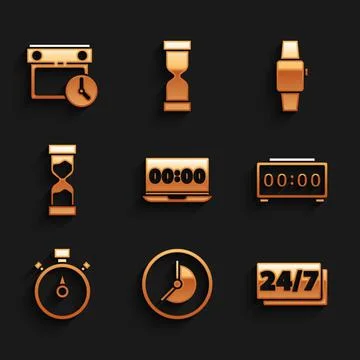 Set Clock on laptop, 24 hours, Digital alarm clock, Stopwatch, Old hourglass Stock Illustration