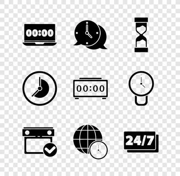 Set Clock on laptop, speech bubble, Old hourglass, Calendar with check mark Illustrazione stock