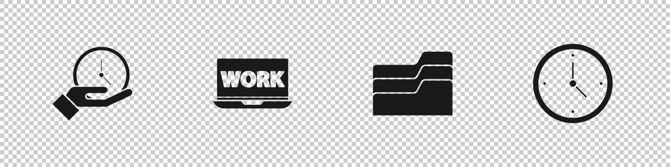 Set Clock, Laptop with text work, Document folder and icon. Vector Illustrazione stock