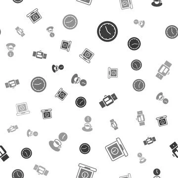 Set Clock, Laptop time, Smartwatch and Coffee on seamless pattern. Vector Stock Illustration