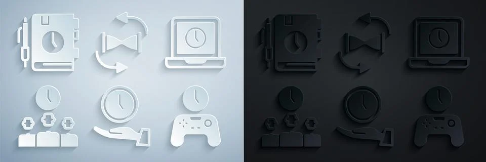 Set Clock, Laptop time, Time Management, Gamepad of, Old hourglass with sand and 스톡 일러스트
