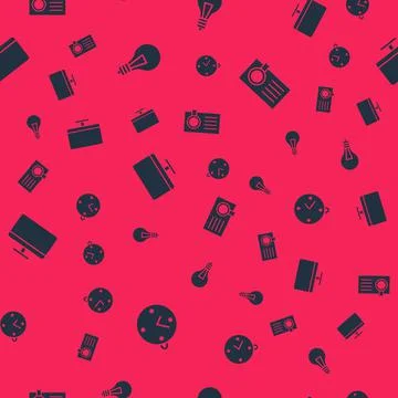 Set Clock, Light bulb with concept of idea, Computer monitor screen and Stock Illustration