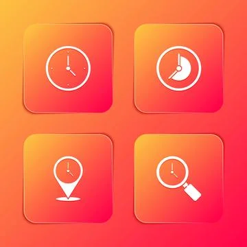 Set Clock, , Location with clock and Magnifying glass icon. Vector Stock Illustration