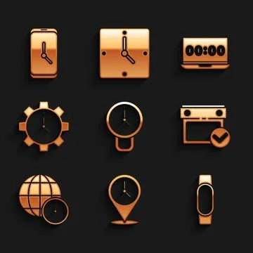 Set Clock, Location with clock, Smartwatch, Calendar check mark, World time Stockillustratie