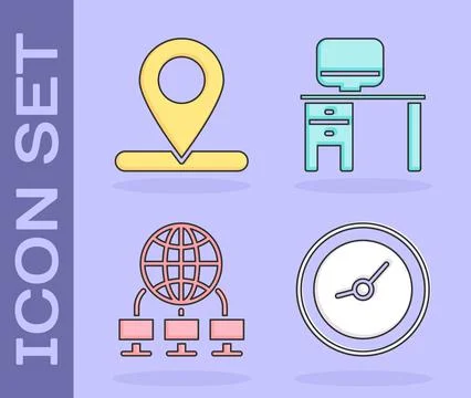Set Clock, Location, Computer network and Computer monitor and desk icon. Vec Ilustración de archivo