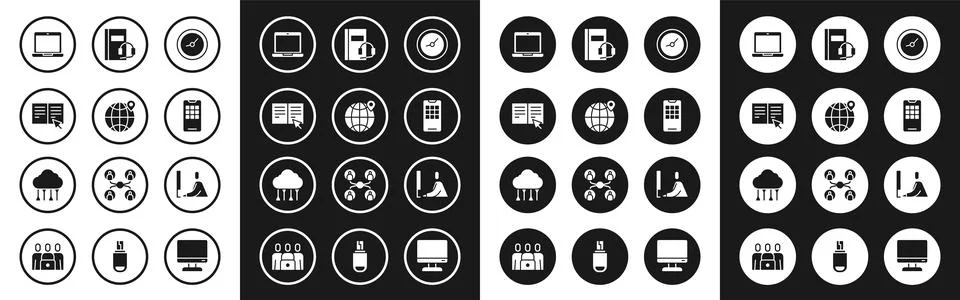 Set Clock, Location on the globe, Online book, Laptop, Mobile phone, Audio,.. Stock Illustration