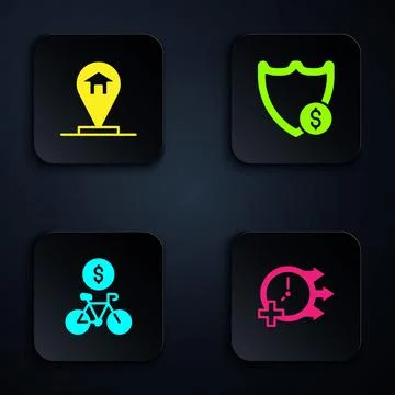 Set Clock, Location house, Bicycle rental mobile app and Shield with dollar.. 스톡 일러스트