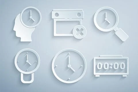 Set Clock, Magnifying glass with clock, Digital alarm, Calendar date delete.. イラスト素材