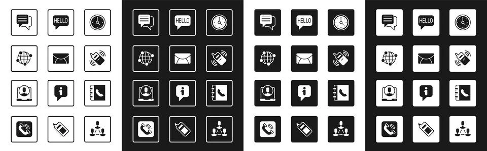 Set Clock, Mail and e-mail, Global technology, Speech bubble chat, Mobile phone Stock Illustration