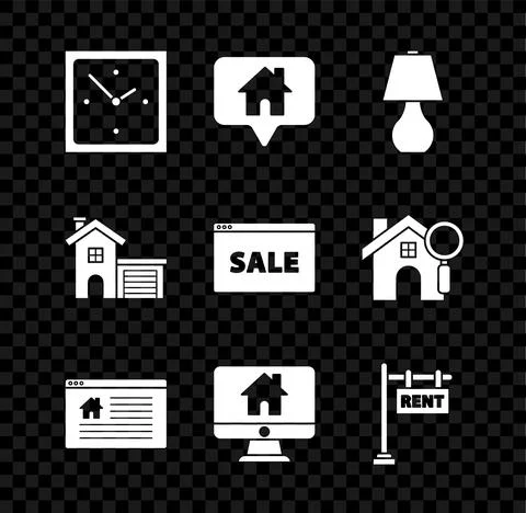 Set Clock, Map pointer with house, Table lamp, Hanging sign text Online Sale Stock Illustration