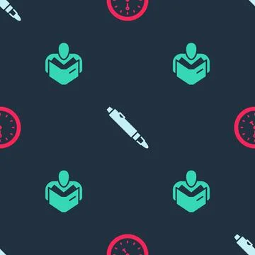 Set Clock, Marker pen and Man reading book on seamless pattern. Vector Illustrazione stock