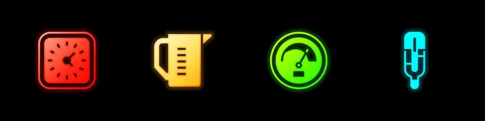 Set Clock, Measuring cup, Speedometer and Medical thermometer icon. Vector Stock Illustration