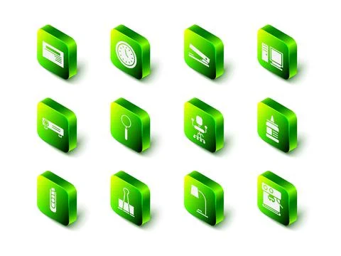 Set Clock, Office stapler, Computer monitor, Glue, Coffee machine, chair, Table Stock Illustration