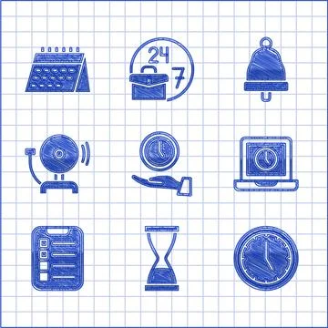 Set Clock, Old hourglass with sand, Laptop time, To do list or planning, Ringing Illustrazione stock
