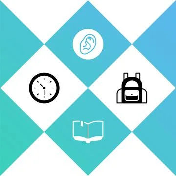 Set Clock, Open book, Ear listen sound signal and School backpack icon. Vector Stock Illustration