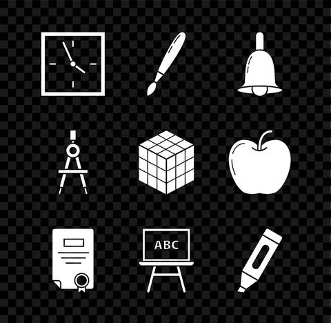 Set Clock, Paint brush, Ringing bell, Certificate template, Chalkboard, Marker Stock Illustration
