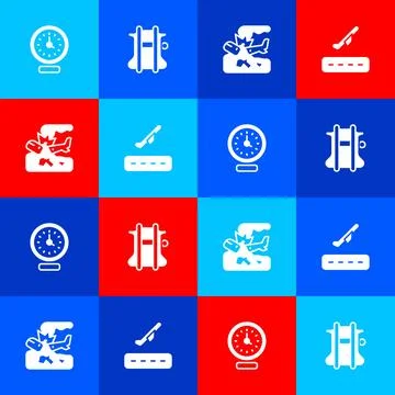 Set Clock, Parachute, Plane crash and takeoff icon. Vector Stock Illustration