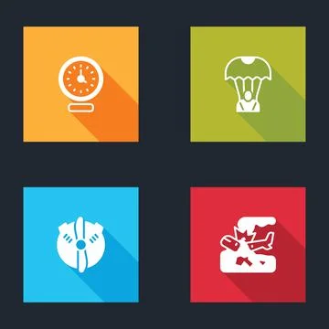 Set Clock, Parachute, Plane propeller and crash icon. Vector Illustrazione stock