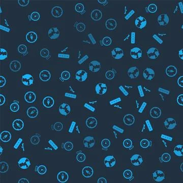 Set Clock, Plane takeoff, Worldwide and Compass on seamless pattern. Vector Stock Illustration