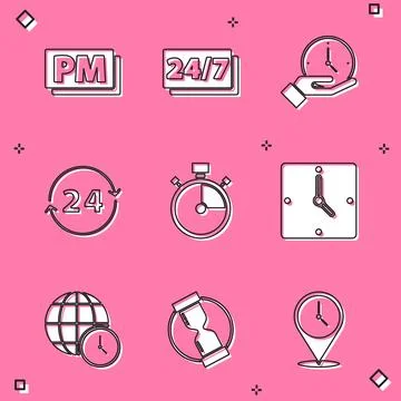 Set Clock PM, 24 hours, Stopwatch, World time and Old hourglass icon. Vector Stock Illustration