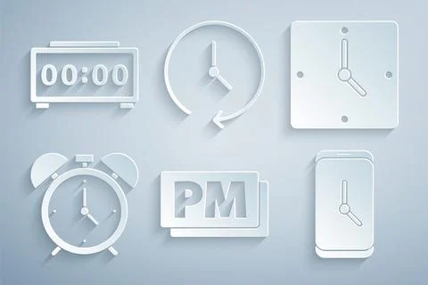 Set Clock PM, Alarm clock, app mobile, and Digital alarm icon. Vector Stock Illustration