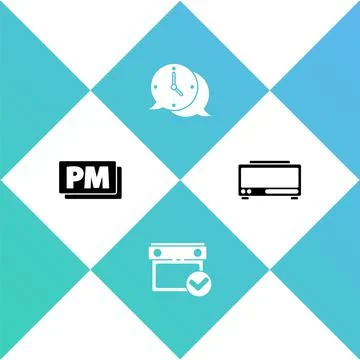 Set Clock PM, Calendar with check mark, speech bubble and Digital alarm clock Illustrazione stock