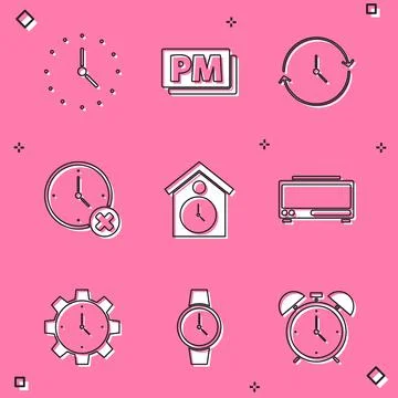 Set Clock, PM, delete, Retro wall watch, Digital alarm clock, Time Management Stock Illustration