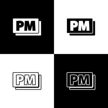 Set Clock PM icon isolated on black and white background. Time symbol. Vector Stock Illustration
