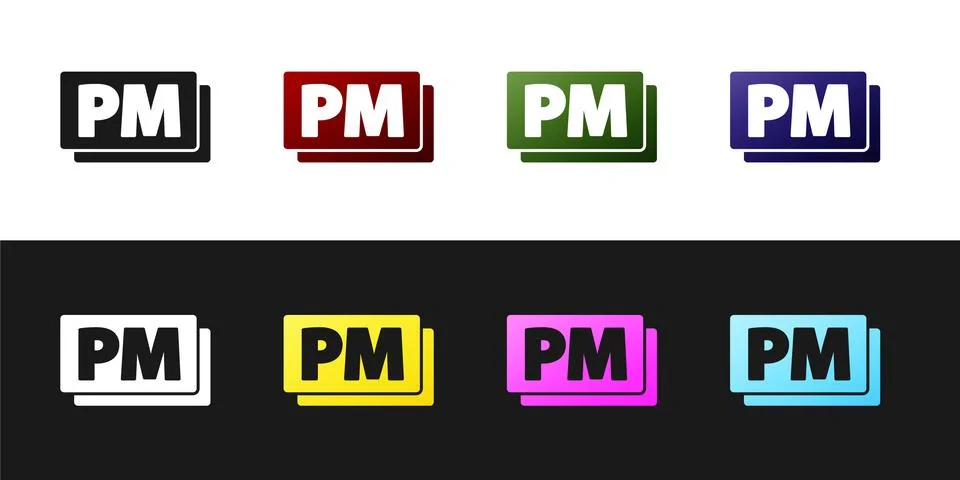 Set Clock PM icon isolated on black and white background. Time symbol. Vector Stock Illustration