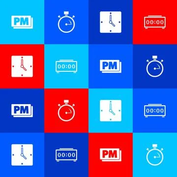 Set Clock PM, Stopwatch, and Digital alarm clock icon. Vector Illustrazione stock