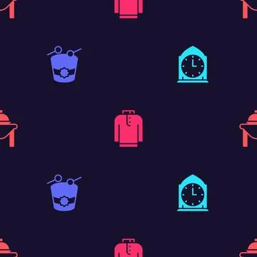 Set Clock, Ramadan drum, Shirt kurta and Table food on seamless pattern. Vect Stock Illustration
