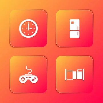 Set Clock, Refrigerator, Gamepad and Bed icon. Vector Stock Illustration