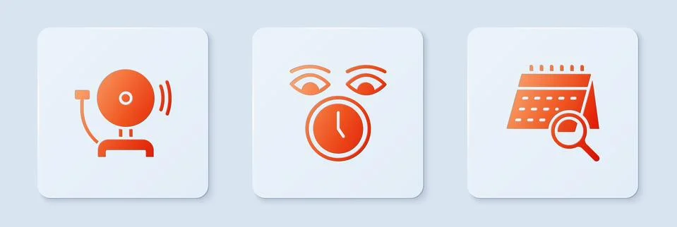 Set Clock, Ringing alarm bell and Calendar search. White square button. Vector Stock Illustration