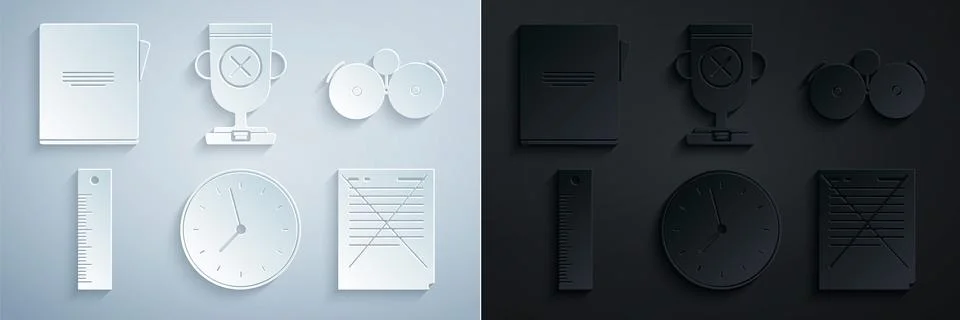 Set Clock, Ringing alarm bell, Ruler, Exam paper with incorrect answers survey Illustrazione stock