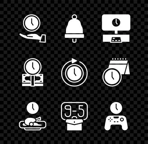 Set Clock, Ringing bell, Smart Tv time, Food, From 9, Gamepad of, Time is money Stock Illustration