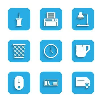 Set Clock, Shelf with books, Certificate template, Cup of tea tea bag, Computer Ilustración de archivo