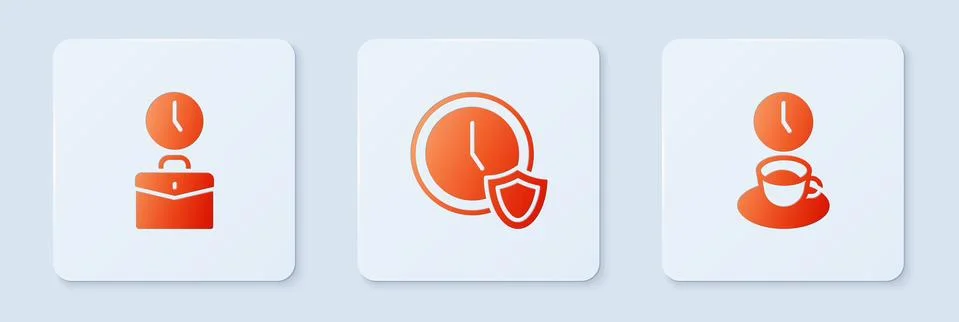 Set Clock with shield, Work time and Coffee. White square button. Vector Stock Illustration