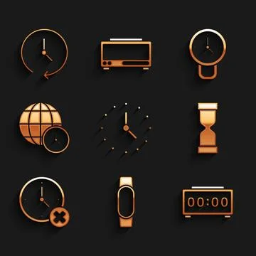 Set Clock, Smartwatch, Digital alarm clock, Old hourglass, delete, World ti.. Stock Illustration