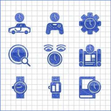 Set Clock, Smartwatch, Time for book, Project time plan, Wrist, Magnifying glass Ilustración de archivo