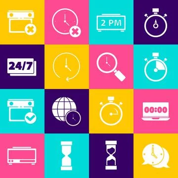 Set Clock speech bubble, on laptop, Stopwatch, Digital alarm clock, 24 hours Stock Illustration