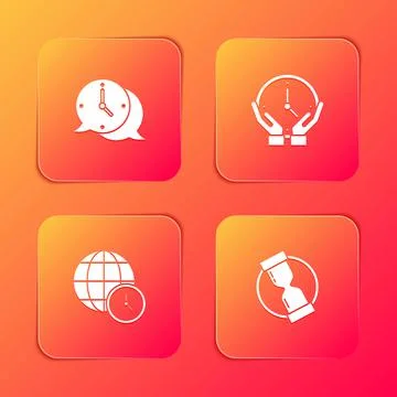 Set Clock speech bubble, , World time and Old hourglass icon. Vector Stock Illustration