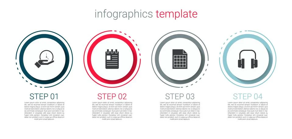 Set Clock, Spiral notebook, File document and Headphones. Business infographic Stock Illustration