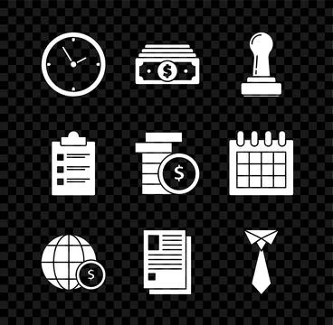 Set Clock, Stacks paper money cash, Stamp, Earth globe with dollar symbol, File イラスト素材