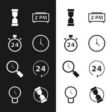 Set Clock, Stopwatch 24 hours, Old hourglass, Digital alarm clock, Magnifying Illustrazione stock