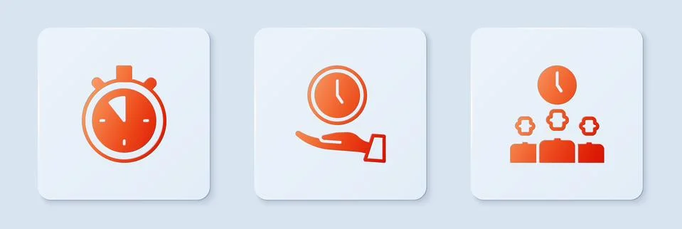 Set Clock, Stopwatch and Time Management. White square button. Vector Illustrazione stock