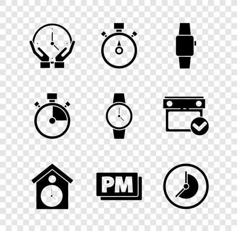 Set Clock, Stopwatch, Smartwatch, Retro wall, PM, and Wrist icon. Vector Illustrazione stock