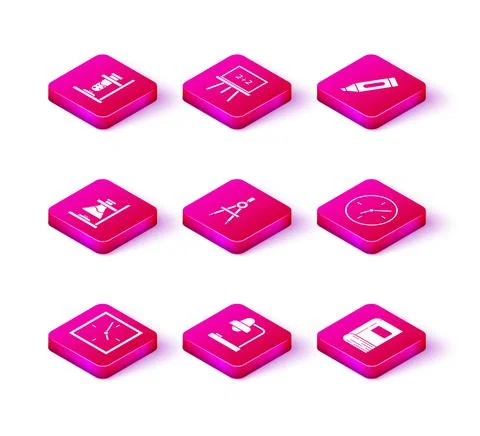 Set Clock, Table lamp, Glass test tube flask on fire, Drawing compass, Book,  스톡 일러스트