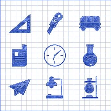 Set Clock, Table lamp, Glass test tube flask on fire, Test and chemical lab.. Stock Illustration