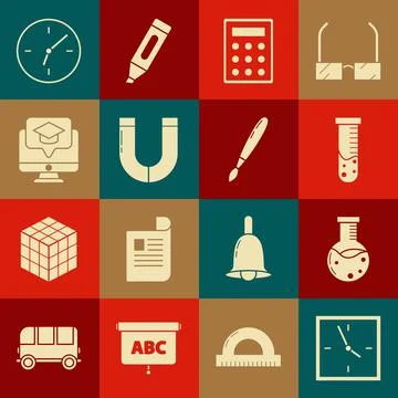 Set Clock, Test tube and flask chemical laboratory, Calculator, Magnet, Monitor 스톡 일러스트