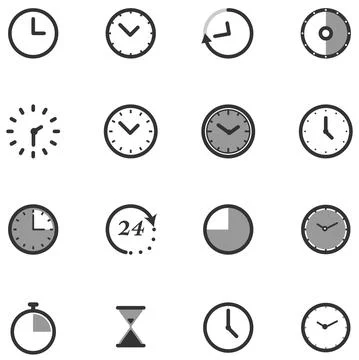 Set of clock thin line icon. Perfect circle timer symbol 640x640x pixels vect Stock Illustration